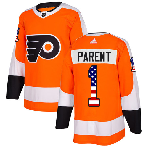 Adidas Flyers #1 Bernie Parent Orange Home Authentic USA Flag Stitched NHL Jersey - Click Image to Close